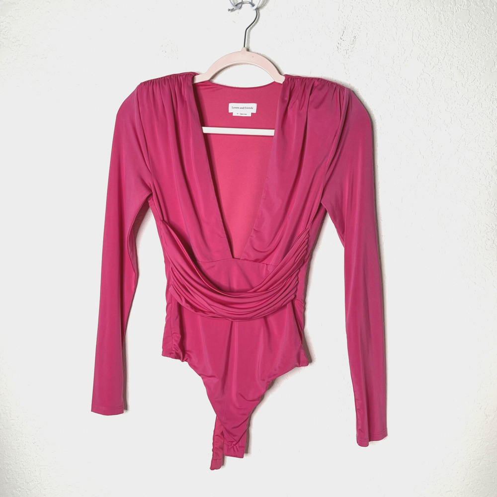 Lovers + Friends Long Sleeve Bodysuit Size XS Pink Shoulder Pads Stretch